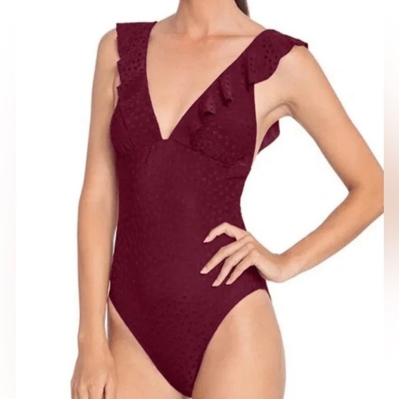 NWT Robin Piccone Julianna SZ 8 Solid Red Ruffled One-Piece Swimsuit - Picture 1 of 12